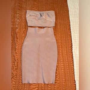 2 piece body con midi skirt and tube top, mauve/tan color
